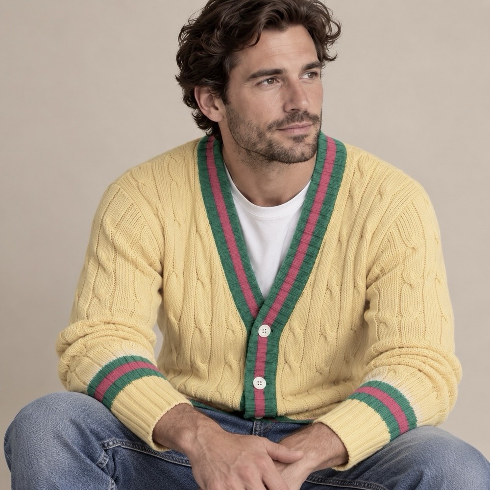 80s-90 Ralph Lauren Cardigan M Yellow Cable Knit Cotton Red Green Stripe Preppy